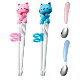 2 Pairs of Children's Chopsticks, 2 Pieces of Children's Spoons, Cartoon Cat Chopsticks, Animal Training Chopsticks, Beginner's Chopsticks, Reusable Tableware