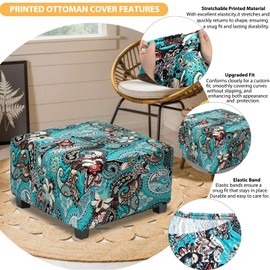 TOPHMDECOR Large Ottoman Cover Square Slipcovers Printed,Stretch Footrest Stool Cover for Ottoman Square,Soft Foot Stool Cover Protector with Nonslip Elastic Bottom(Large,Peacock Blue)