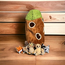 Raccoon in Tree Hide and Seek Dog Toy for Small and Medium Size Dogs, Plush Squirrel Inside Trunk Dog Toy with Squeaker, Interactive Burrow Dog Toy (Large Tree with Raccoon, Fox, Sloth, Squirrel, Owl)