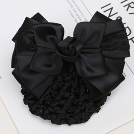 Bowknot Hair Bun Cover Hair Snood Net Mesh Bow Barrette Bowknot Decor Hair Clip for Stewardess Banks Women Blue