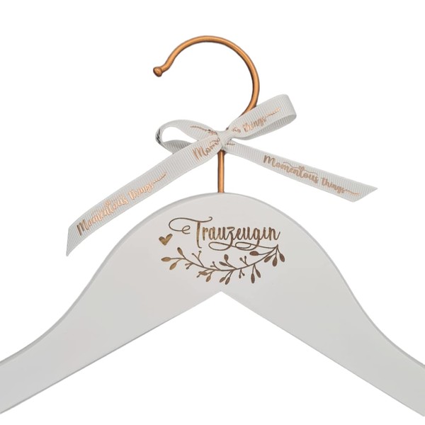 "Trauzeugin" Kleiderbügel aus weißem Holz mit Lasergravur und botanisches Blattdetail