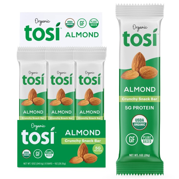Tosi Nut Bars, 5G Protein (12 Pack, 1oz Bars), Plant Based Protein Bars, Crunchy Vegan Snacks, Almond Bars, Low Sugar Healthy Snacks, Gluten Free, Soy Free, Fiber, Flax & Chia Seeds
