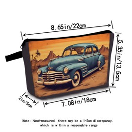 MoCaliduccious Retro Cartoon Car Cosmetic Bag Blue Vintage Car on Desert Landscape Heat Transfer Printed Travel Makeup Pouch for Adults Unique Gift Idea Birthday Gift