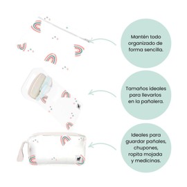 Nap Baby Set de 3 Estuches Organizadores para Toallitas Húmedas, Pañaleras, para guardar mudas de ropa, pañales ecológicos, con cierre, impermeable y espacioso - Arcoiris Love