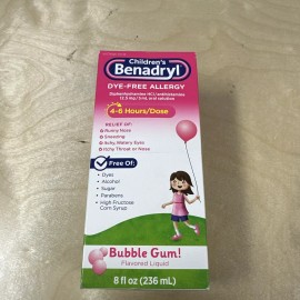 BENADRYL Children's Benadryl Dye-Free Allergy Liquid, Bubble Gum, 8 fl. oz - EXP 02/2026