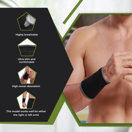NeoTech Care Wrist Band Support Sleeve - Elastic & Breathable Knitted Fabric Compression Brace - for Tennis, Gym, Sport, Tendonitis (Black Color, Size M, 1 Unit)
