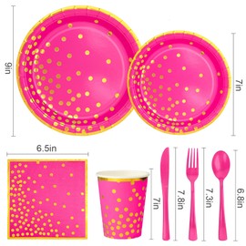 Hot Pink Gold Paper Plates and Napkins, Include 9’’ Disposable Hot Pink Plate, 7’’ Dessert Plates Napkins Cups Forks Knives for Birthdays, Weddings and Holidays, Serves 25