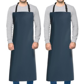 Homsolver 2 Pack Waterproof Rubber Vinyl Apron Chemical Resistant Work Apron with Adjustable Plastic Aprons Butcher for Dishwashing (Blue Aprons without Pockets)