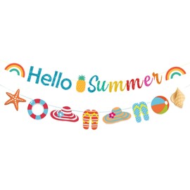Summer Party Decoration Hello Summer Banner,2 Packs Hawaiian Luau Party Decorations Hanging Summer Bunting,Colorful Summer Party Garlands for Hawaiian Tropical Summer Beach Party Decorations Supplies