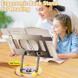Book Stand for Reading, Book Holders for Reading Hands Free, 360° Rotate and Multi Heights Adjustable Book Stand for Desk, Foldable Desktop Riser for Laptop, Recipe, Textbook (Book Stand)