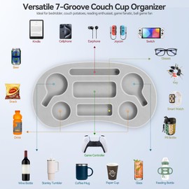 Couch Cup Holder Pillow Tray with 7 Slots, Couch Caddy & Buddy As Gaming Pillow, Sofa Drink or Snack Holder, Sofa Organizer for Cup, Drink, Game Controller, Remote, Phone
