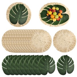 MehelloFeather 24Pcs Luau and Palm Placemats Raffia Grass Tropical Palm Leaf Place Mats for Dining Tables Family Gatherings Parties