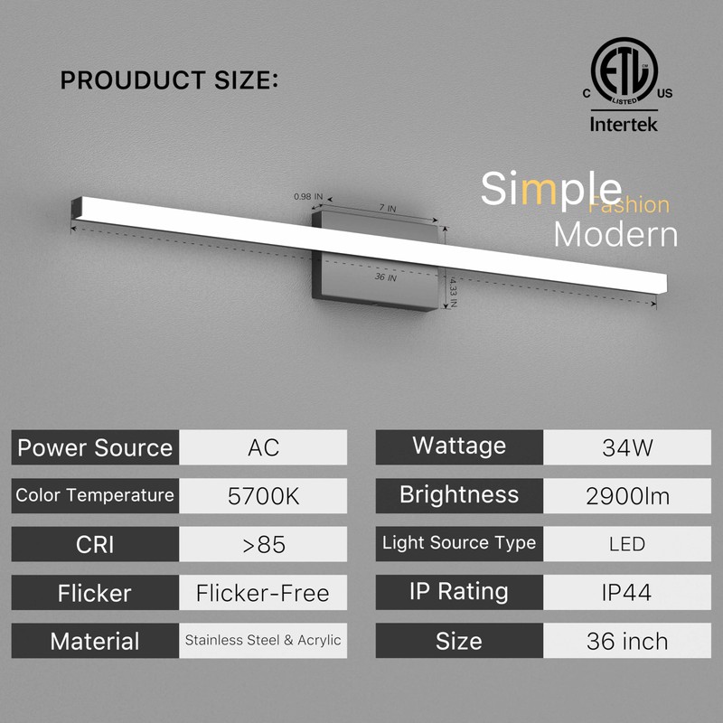 FWASTT 36Inch LED Bathroom Vanity Light Bar 5700K Dimmable Led
