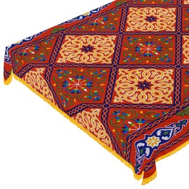 CraftiEgypt Ramadan Tablecloth Decorations – Handmade Tablecloth, Printed Egyptian Khayamiya Design, Colorful Red, Cotton Blend – 55"x55" (140x140 cm) Square