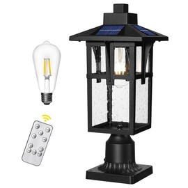 Solar Outdoor Post Light, HWH Dusk to Dawn Solar Lamp Post Light with Pier Mount Base, Exterior Pillar Lantern Pole Lamp with Seeded Glass Shade, 5HX62PM-SL BK