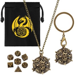 Mini DND Dice Set with Portable Key Ring, Necklace, Hollow D20 Ball Metal Cage, Tiny 7-Piece Polyhedral Metal D&D Dice, DND Gifts with Gift Bags, D&D Accessories, Bronze