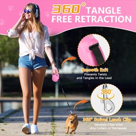 Makife Retractable Dog Leash, 16ft Dog for Small Dogs up to 77lbs, Non-Slip Handle - Pink