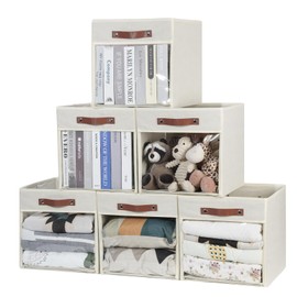 HNZIGE 13x13x13 Storage Cube Bins,Collapsible Storage Bins Fabric Cubes with Clear Windows, Cubby Decorative Cube Organizer Bin for Cube Storage Blanket Home (Cream 6PCS)