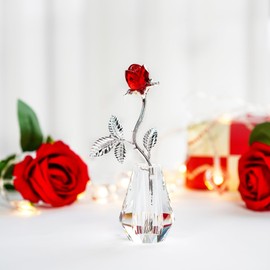 H&D HYALINE & DORA Crystal Rose Figurine Ornament Glass Flower Bouquet with Vase Tabletop Decorations Wedding Anniversary Valentines Gift for her (Red Rose with Sliver Metal Stem)