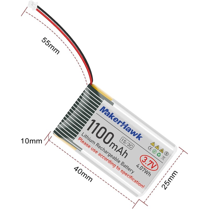 MakerHawk 3.7V 1100mAh LiPo Battery 102540 Rechargeable 1S Lithium Polymer