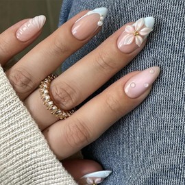 24Pcs Blue French Tip Press on Nails Almond Medium Fake Nails 3D Flower False Nail with Designs Full Cover Spring Summer Acrylic Nails Embossed Flower Nails for Women DIY Manicure Decoration