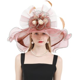 Z&X Women Organza Derby Hat Rose Flower Wedding Tea Party Fascinator Hat Wide Brim Sun Caps Brown Pink