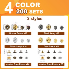 Leather Snaps and Fasteners Kit, 40 Set 15 MM Button Snap with Tool & 160 Set Rivets for Leather Crafting, 4 Colors Metal Snaps Buttons for Jeans Wears, Jackets, Clothes, Belt, Bags