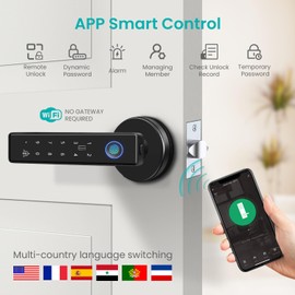 Fingerprint Door Lock Door Knob, Biometric Door Lock with Built-in Wi-Fi, No Gateway, Electronic Lock with Keypad, 5 Unlock Ways, App Control, Doorbell, 6 Languages for Bedroom, Office, Apartment