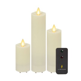 Luminara Outdoor Slim Pillar Flameless LED Candle, Set of 3 Ivory, Moving Flame Weather Resistant Remote Timer Ready Battery Operated Safe Melted Edge
