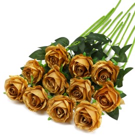 Gold Fake Roses Artificial Flowers - 10 Pcs Fake Artificial Roses Silk Flowers with Stems for Home Wedding Hotel Office Centerpiece Decor