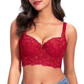 FallSweet Push Up Bras for Women Corset Top Bustier Padded Underwire Bra Add One Cup,Red-lace,40DD