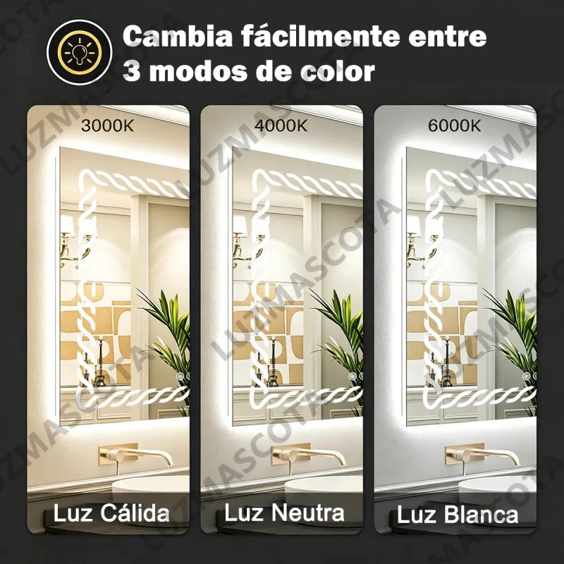 Espejo Rectangular de Baño con Luz LED Táctil, 3 Tonos