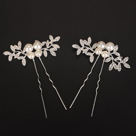 BERYUAN Silver Gold Rose Gold Leaves Rhinestone Pearls Hair Pins Rhinestone Pearls Handmade Wedding Headband Leaves Pearls Rhinestone Hair Pins for Bridal Women(2pcs) (silver)