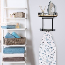 TJ.MOREE Ironing Board Hanger Metal Wall Mount Iron and Ironing Board Holder, Laundry Room Decor and Storage with Large Storage Black Wooden Base Basket and Removable Hooks