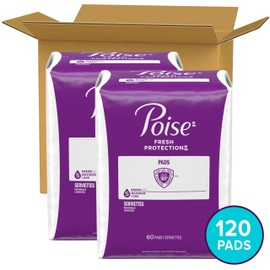 Poise Incontinence Pads & Postpartum Incontinence Pads, 5 Drop Maximum Absorbency, Long Length, 120 Count (2 Packs of 60), Packaging May Vary