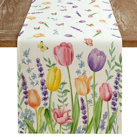 ARKENY Spring Lavender Tulip Table Runner 36x13 Inches, Floral Butterfly Farmhouse Seasonal Indoor Outdoor Anniversary Table Decoration for Home