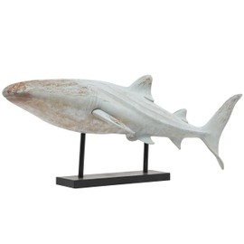 Deco 79 Polystone Shark Decorative Sculpture Distressed Home Decor Statue with Brown Wood Inspired Accents and Black Stand, Accent Figurine 39" x 15" x 14", Light Blue