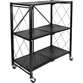 Simple Deluxe 3-Tier Folding Storage Shelves, 27.95" W x 14.96" D x 34.25" H Foldable Shelving Unit, 750 Lbs Loading Capacity, Black