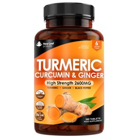 NEW LEAF PRODUCTS Turmeric Tablets 2600mg High Strength with Black Pepper & Ginger (6 Months Supply) Active 95% Turmeric Curcumin Supplements 365 Tablets Not Capsules, Vegan, UK Made by New Leaf