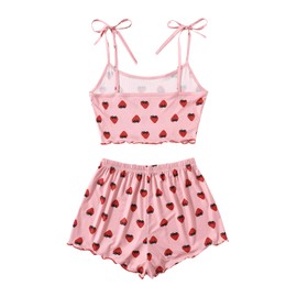 SweatyRocks Women's Summer Strawberry Print Cami Top and Shorts Sleepwear Pajamas Set Strawberry Pink XL