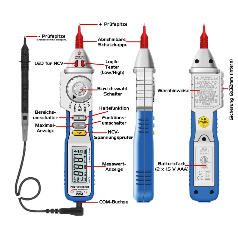 Digitales Stift-Multimeter, NCV Digitaler Spannungsprüfer mit LED-Anzeige, Voltmeter, elektronisches Amperemeter,