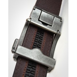 Classic Men's Leather Ratchet Click Belt - Antique Silver Buckle with Charcoal Black Leather Belt (Trim to Fit: Up to 35'' Waist)