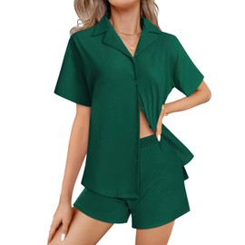 Ekouaer Womens Pajama Sets 2 Piece Cotton Pjs Button Down Sleepwear Short Sleeve Lounge Set with Pockets Green M