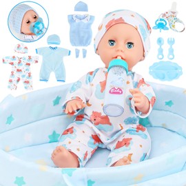 Baby Doll 12 Inches Boy Doll Set with 3 Clothes and Accessories, Carrier Bassinet Bed, Bottle, Pacifier, Blanket, Pretend Play Toddler Toys for Age 3 4 5 6 7 8 Years Old Kids Girls Boys Gift (Boy)
