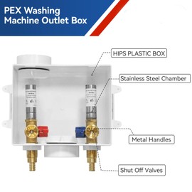 GUOFIS Washing Machine Outlet Box with Water Hammer Arrestor,1/2 Inch PEX F1807 Inlet Connection,3/4 Inch MHT Outlet Male Thread Connection, PEX Box with Center/Side Drain, Washing Box with 1/4-Turn