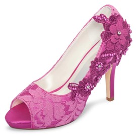 Emily Bridal 521-31-4 - Zapatos de boda para mujer, punta abierta, tacón de aguja de 3.94 pulgadas, tacón de aguja de encaje con diamantes de imitación, perlas y lentejuelas, zapatos de novia, Fushcia, 8 US