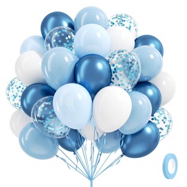 60pcs Blue and White Balloons 12inch with Pastel Pearl Light Blue Confetti White Balloons for Bridal Baby Shower Wedding Birthday Party Decorations