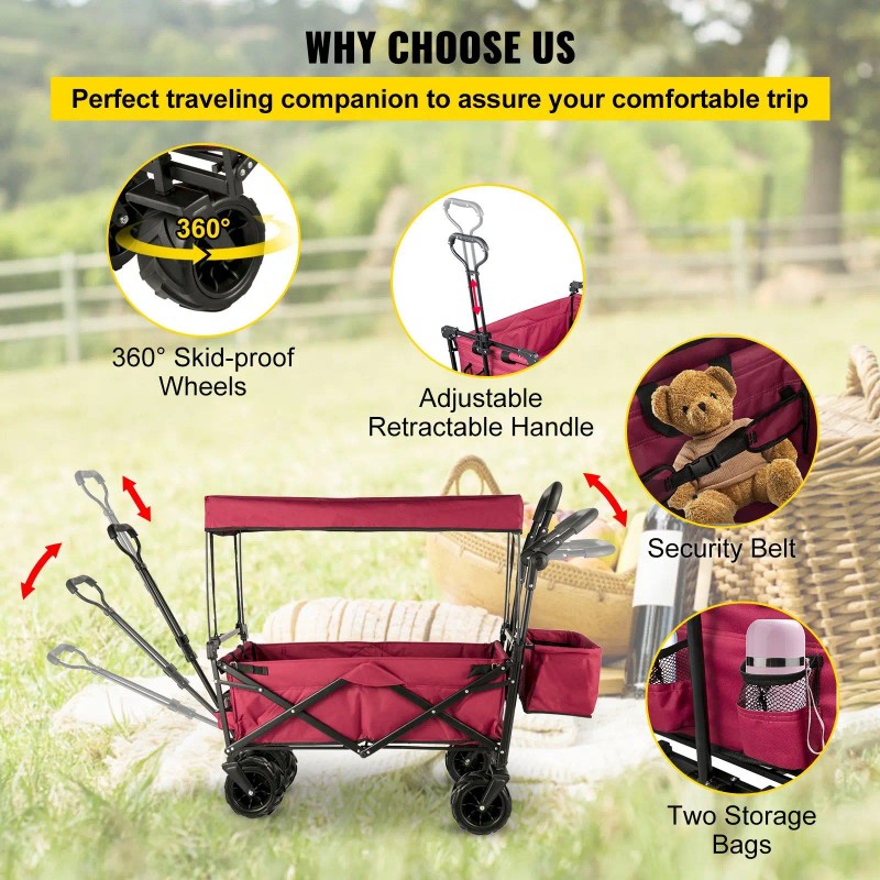 Extra Large Collapsible Garden Cart With Removable Canopy Foldable Four