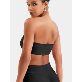 VOYJOY Women Strapless Bandeau Bra Wireless Padded Sports Bra Tube Top Seamless Stretchy Workout Bralette Black S