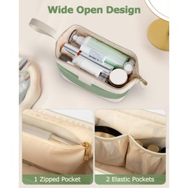 Wedama Makeup Bag, Large Capacity Travel Cosmetic Bag, PU Leather Makeup Pouch Wide Open Make up Organizer Bag Portable Makeup Case Waterproof Toiletry Bag with Handle for Women Girls, Green
